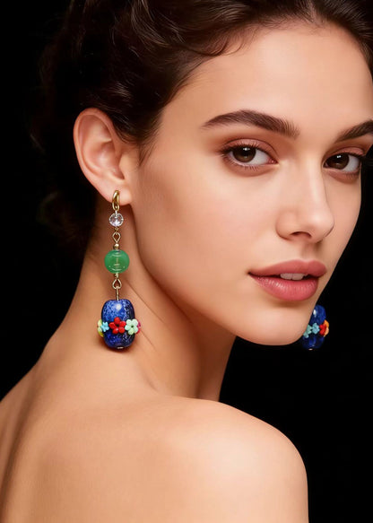 Original Design Multicolour Flower Bluestone Jade Drop Earrings