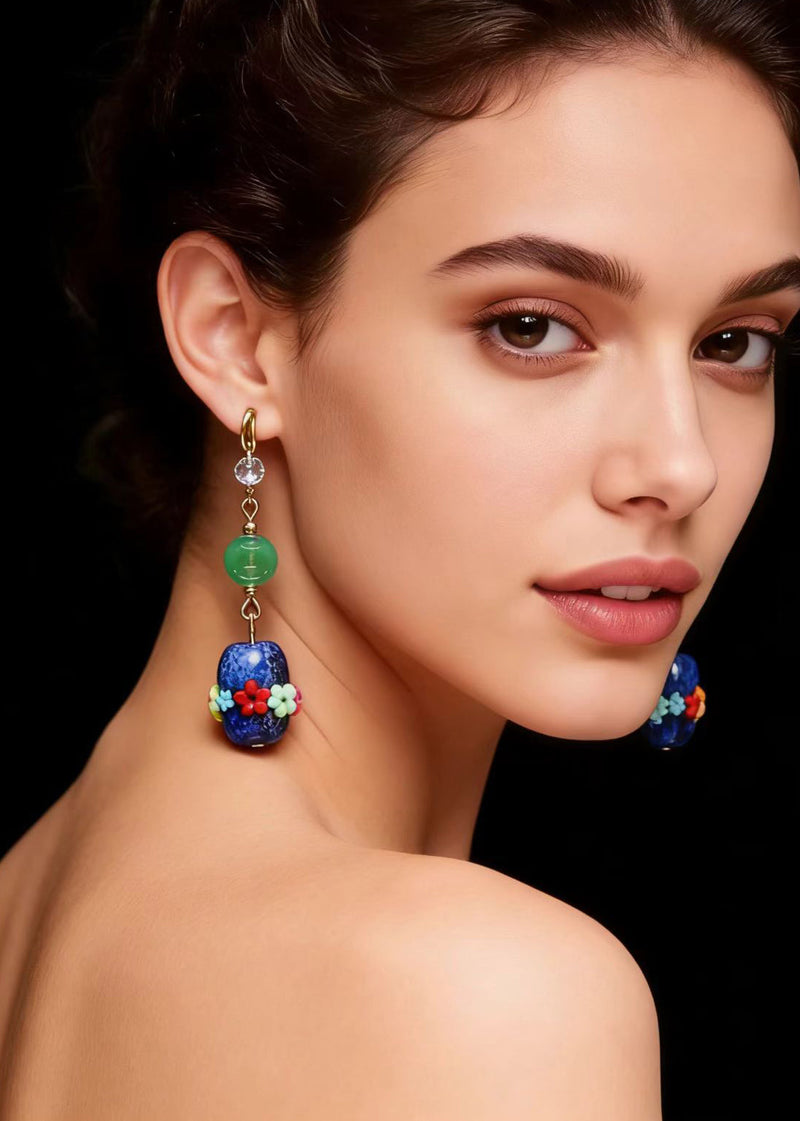 Original Design Multicolour Flower Bluestone Jade Drop Earrings