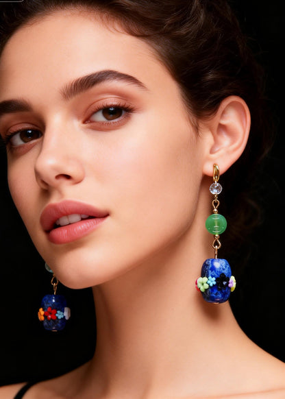 Original Design Multicolour Flower Bluestone Jade Drop Earrings