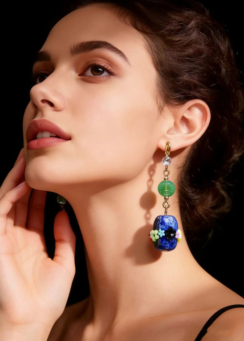 Original Design Multicolour Flower Bluestone Jade Drop Earrings