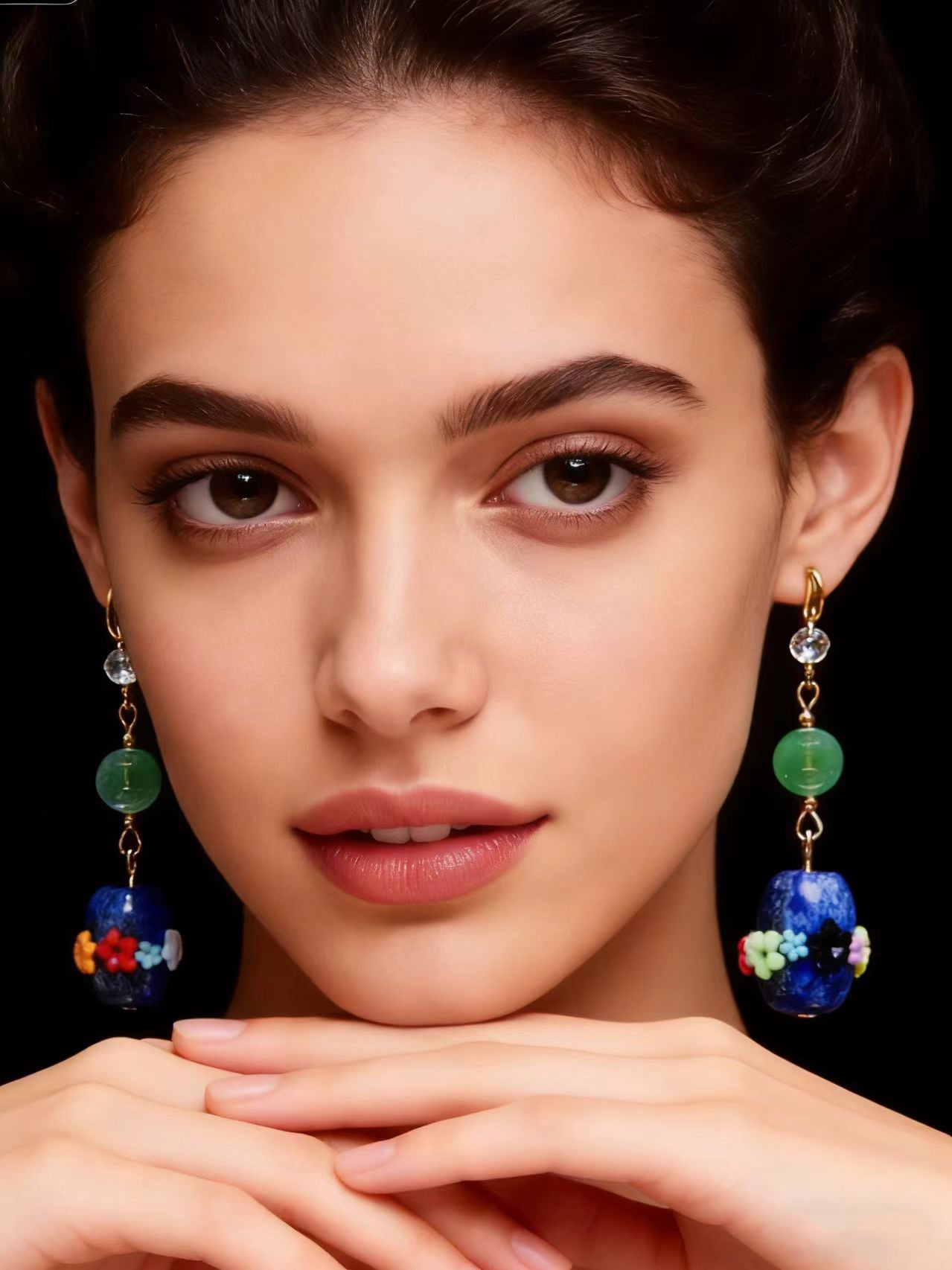 Original Design Multicolour Flower Bluestone Jade Drop Earrings