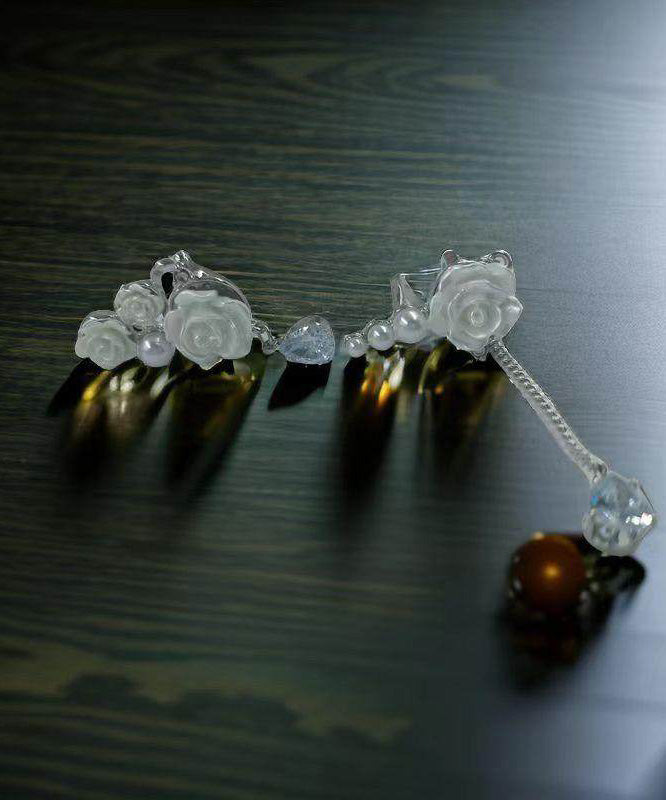 Original Design Rose Pearl Asymmetric Tassel Ear Clip Earrings