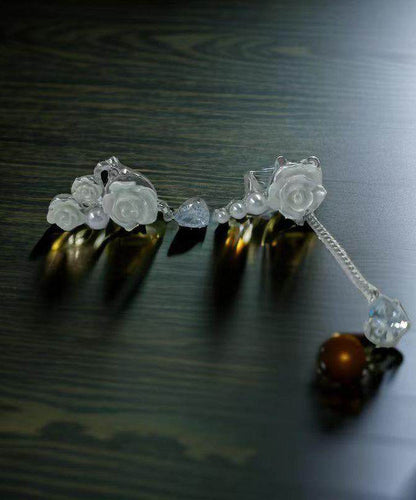 Original Design Rose Pearl Asymmetric Tassel Ear Clip Earrings