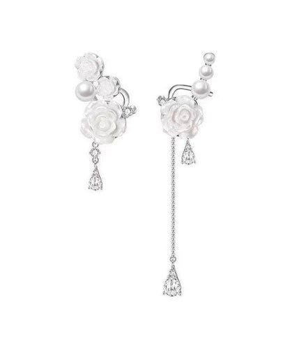 Original Design Rose Pearl Asymmetric Tassel Ear Clip Earrings