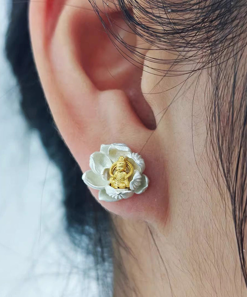 Original Design Silk Lotus Sees Buddha Silver Stud Earrings