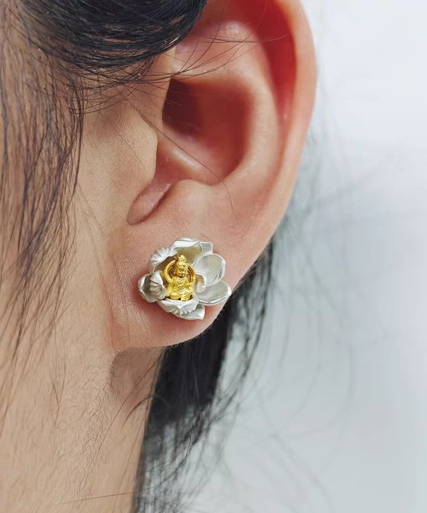Original Design Silk Lotus Sees Buddha Silver Stud Earrings