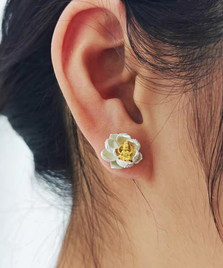 Original Design Silk Lotus Sees Buddha Silver Stud Earrings