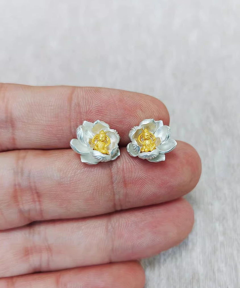 Original Design Silk Lotus Sees Buddha Silver Stud Earrings