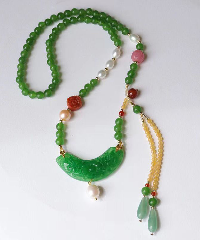 Retro Green Jade Agate Pearl Coloured Glaze Tassel Pendant Necklace Kx1027