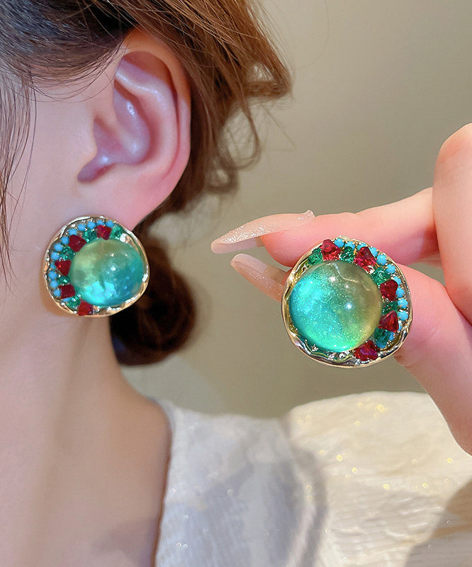 Oversize Green Sterling Silver Alloy Zircon Round Coloured Glaze Stud Earrings Kx1025