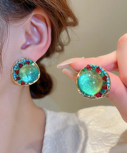 Oversize Green Sterling Silver Alloy Zircon Round Coloured Glaze Stud Earrings Kx1025
