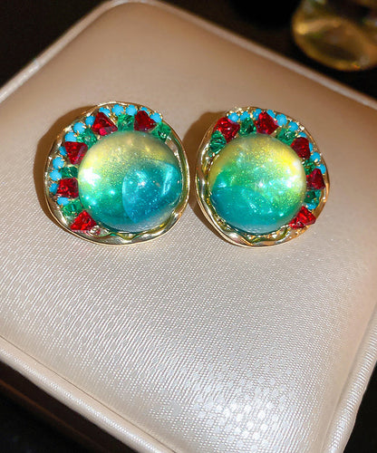 Oversize Green Sterling Silver Alloy Zircon Round Coloured Glaze Stud Earrings Kx1025