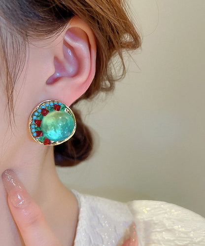 Oversize Green Sterling Silver Alloy Zircon Round Coloured Glaze Stud Earrings Kx1025
