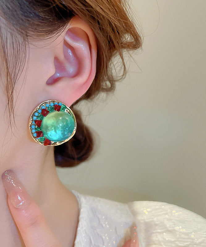 Oversize Green Sterling Silver Alloy Zircon Round Coloured Glaze Stud Earrings Kx1025