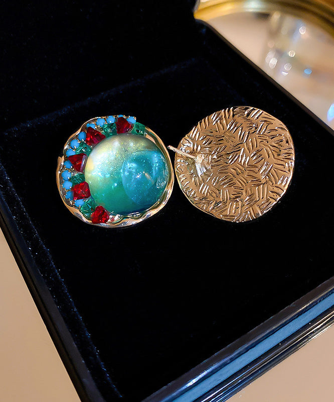 Oversize Green Sterling Silver Alloy Zircon Round Coloured Glaze Stud Earrings Kx1025