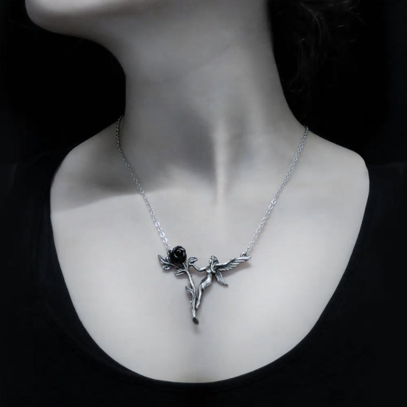 Faerie Glade Fairy Black Rose Necklace by Alchemy Gothic