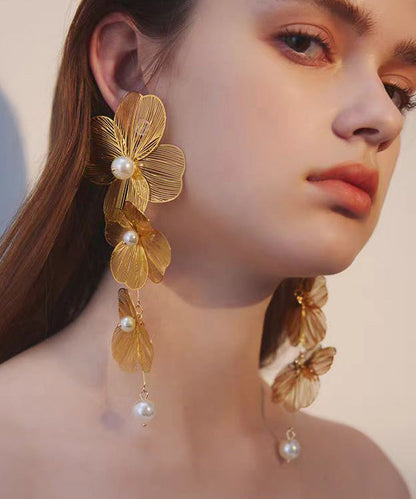 Palace Style Gold Flower Tassel Metal Earrings