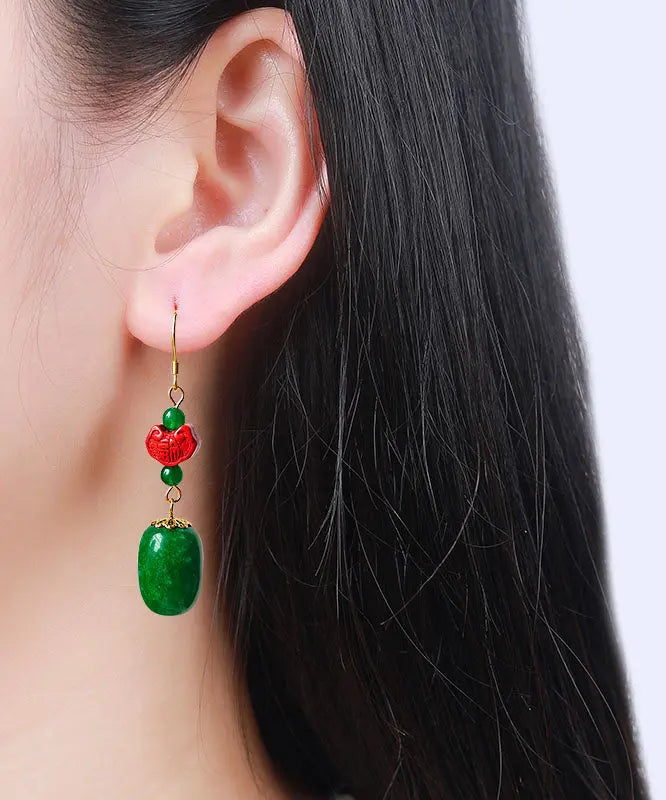 Sterling Silver Jade Cinnabar Drop Earrings