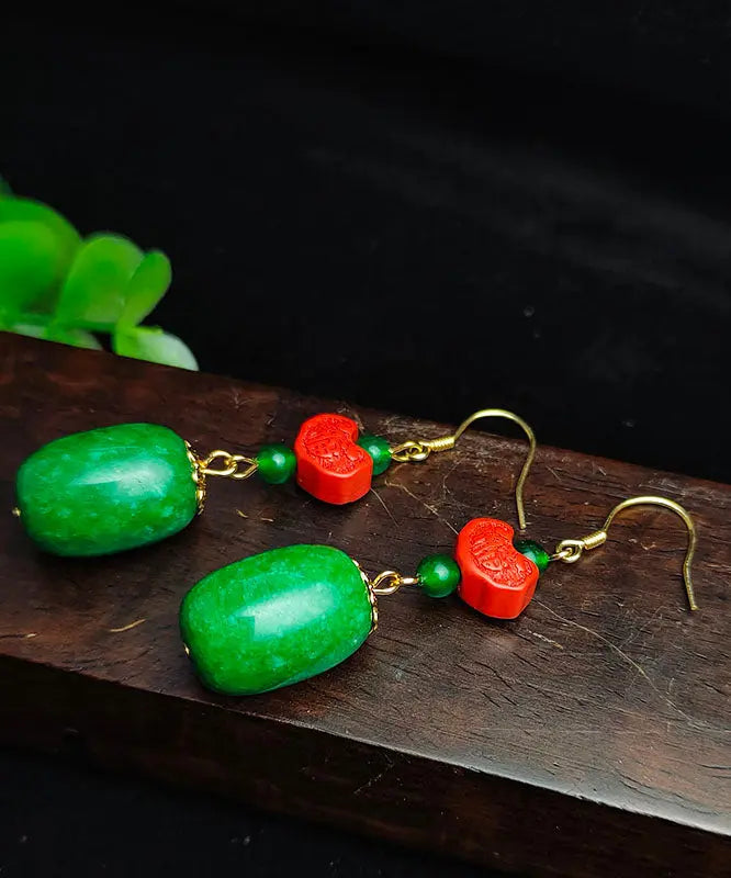 Sterling Silver Jade Cinnabar Drop Earrings
