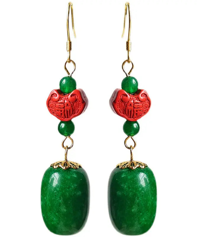Sterling Silver Jade Cinnabar Drop Earrings