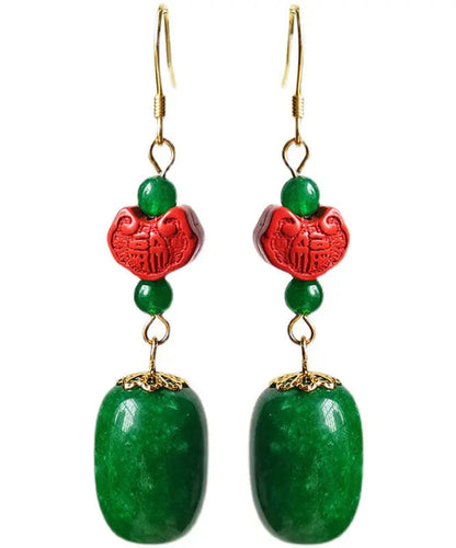 Sterling Silver Jade Cinnabar Drop Earrings