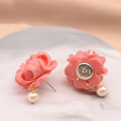 Regular Red Sterling Silver Pearl Stud Earrings