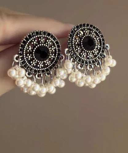 Retro Black Stelring Silver Zircon Hollow Out Pearl Tassel Stud Earrings