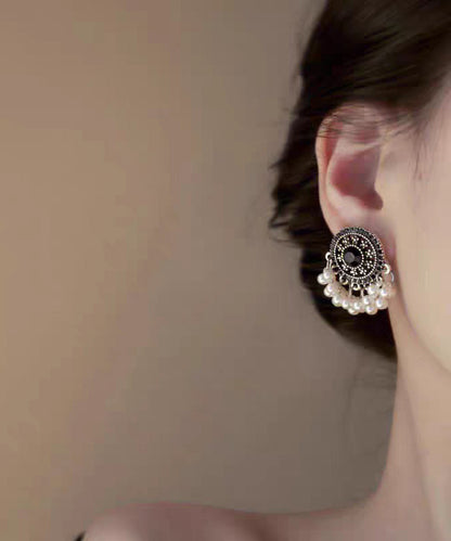 Retro Black Stelring Silver Zircon Hollow Out Pearl Tassel Stud Earrings