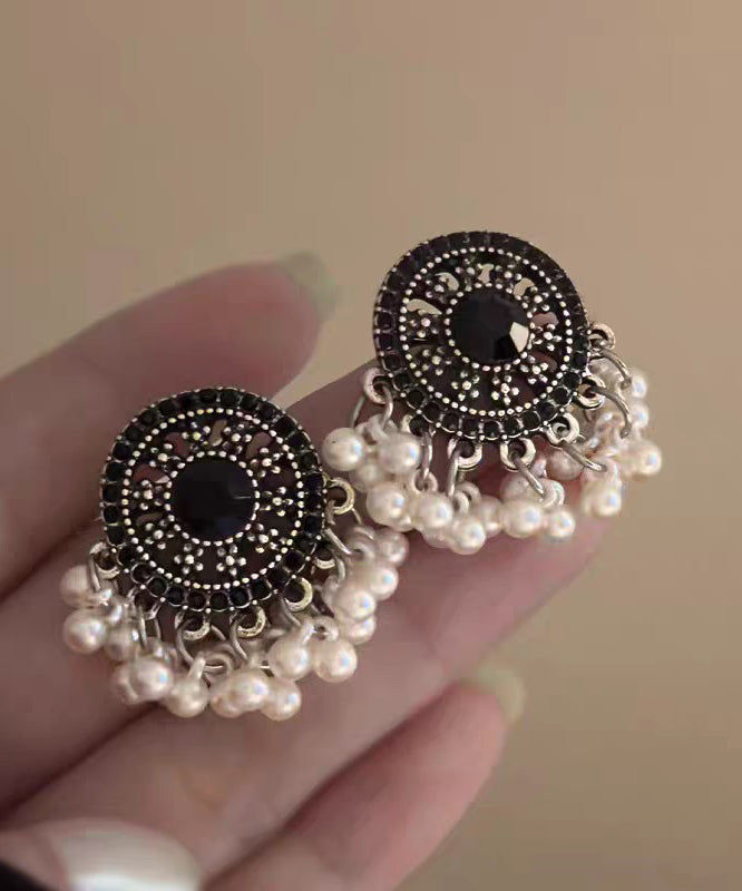 Retro Black Stelring Silver Zircon Hollow Out Pearl Tassel Stud Earrings