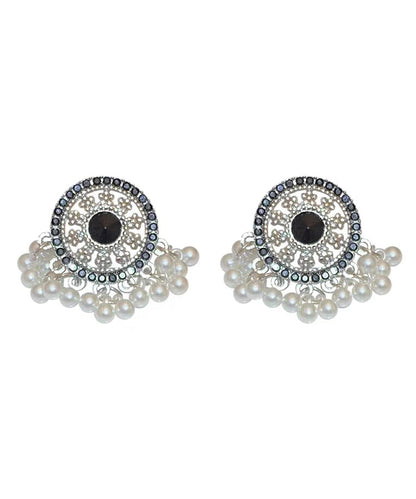 Retro Black Stelring Silver Zircon Hollow Out Pearl Tassel Stud Earrings