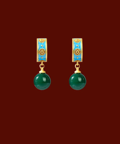 Retro Blue Ancient Gold Chalcedony Hoop Earrings