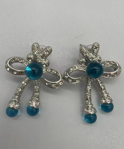 Retro Blue Sterling Silver Crystalcoloured Glaze Bow Stud Earrings