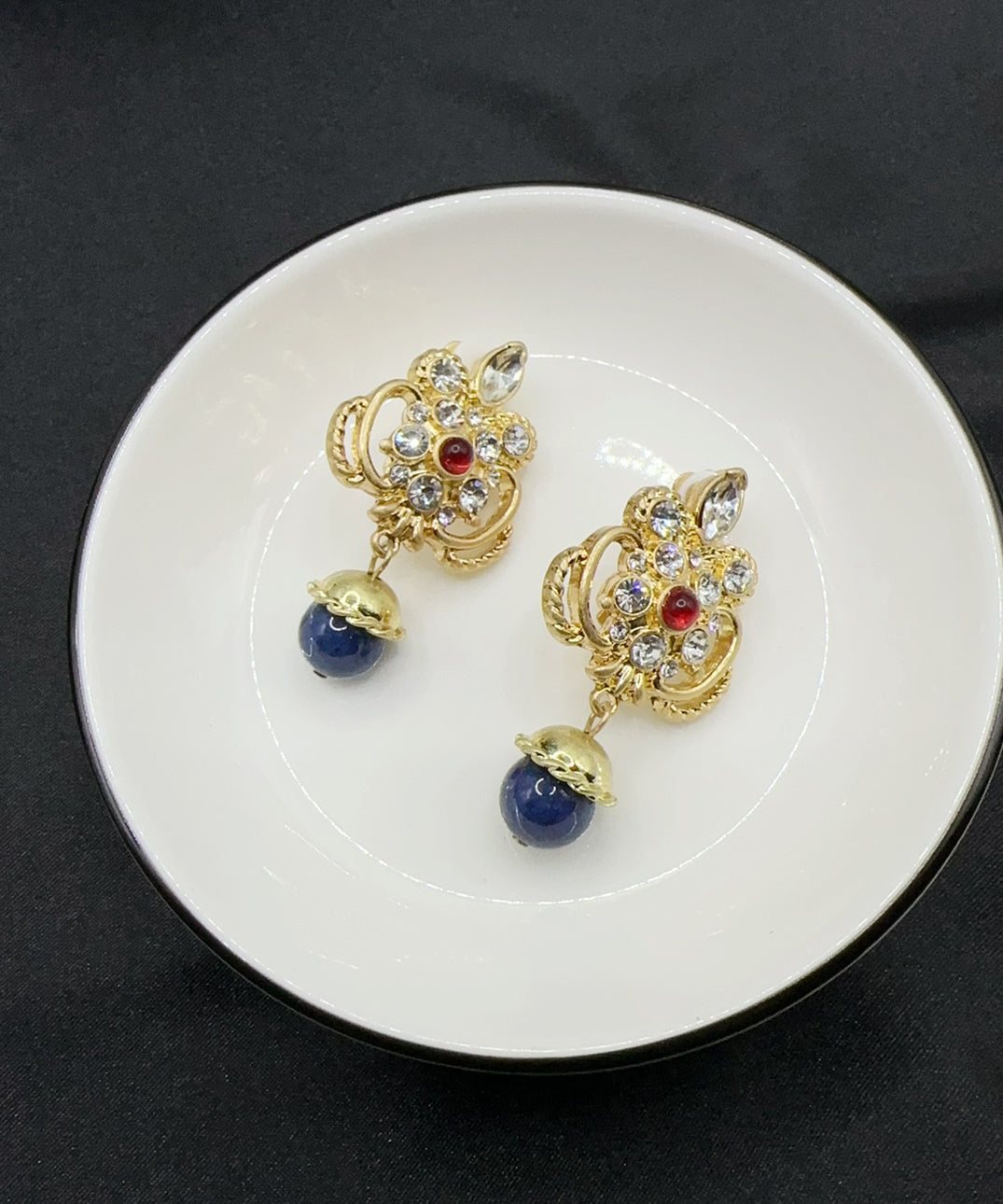 Retro Blue Sterling Silver Overgild Zircon Crystal Glass Drop Earrings Gh1026