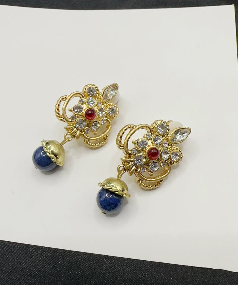 Retro Blue Sterling Silver Overgild Zircon Crystal Glass Drop Earrings Gh1026