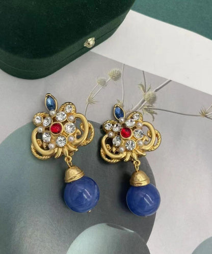 Retro Blue Sterling Silver Overgild Zircon Crystal Glass Drop Earrings Gh1026