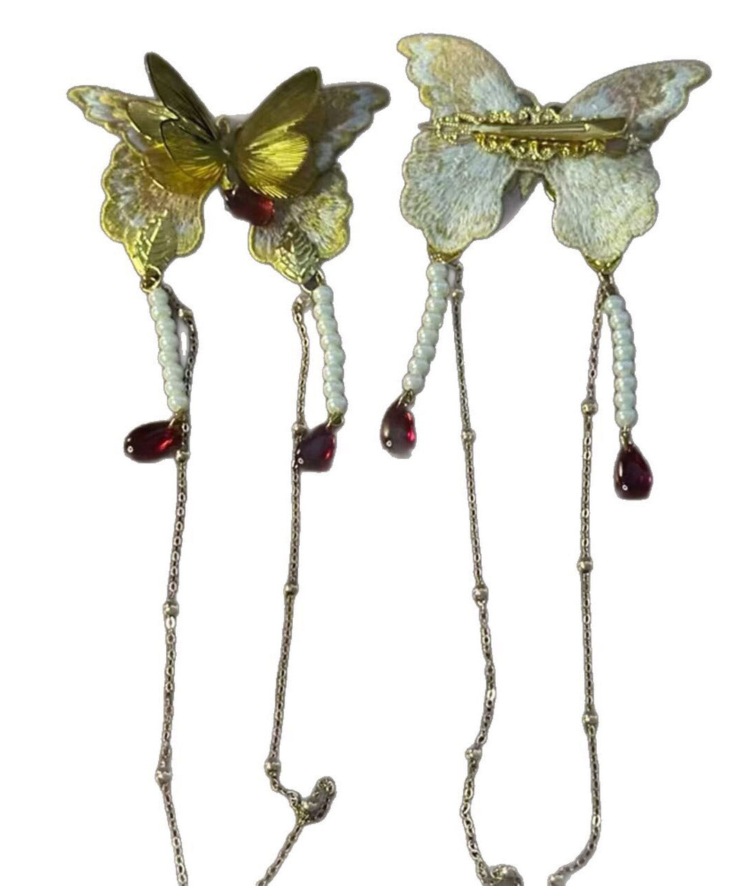 Retro Gold Alloy Embroidery Butterfly Pearl Tassel a Pair Hairpin