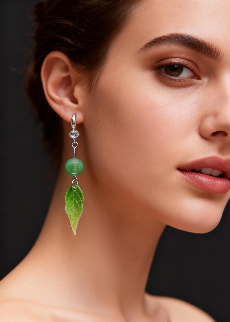 Retro Green Leaf Acrylic Fine Jade Zircon Drop Earrings