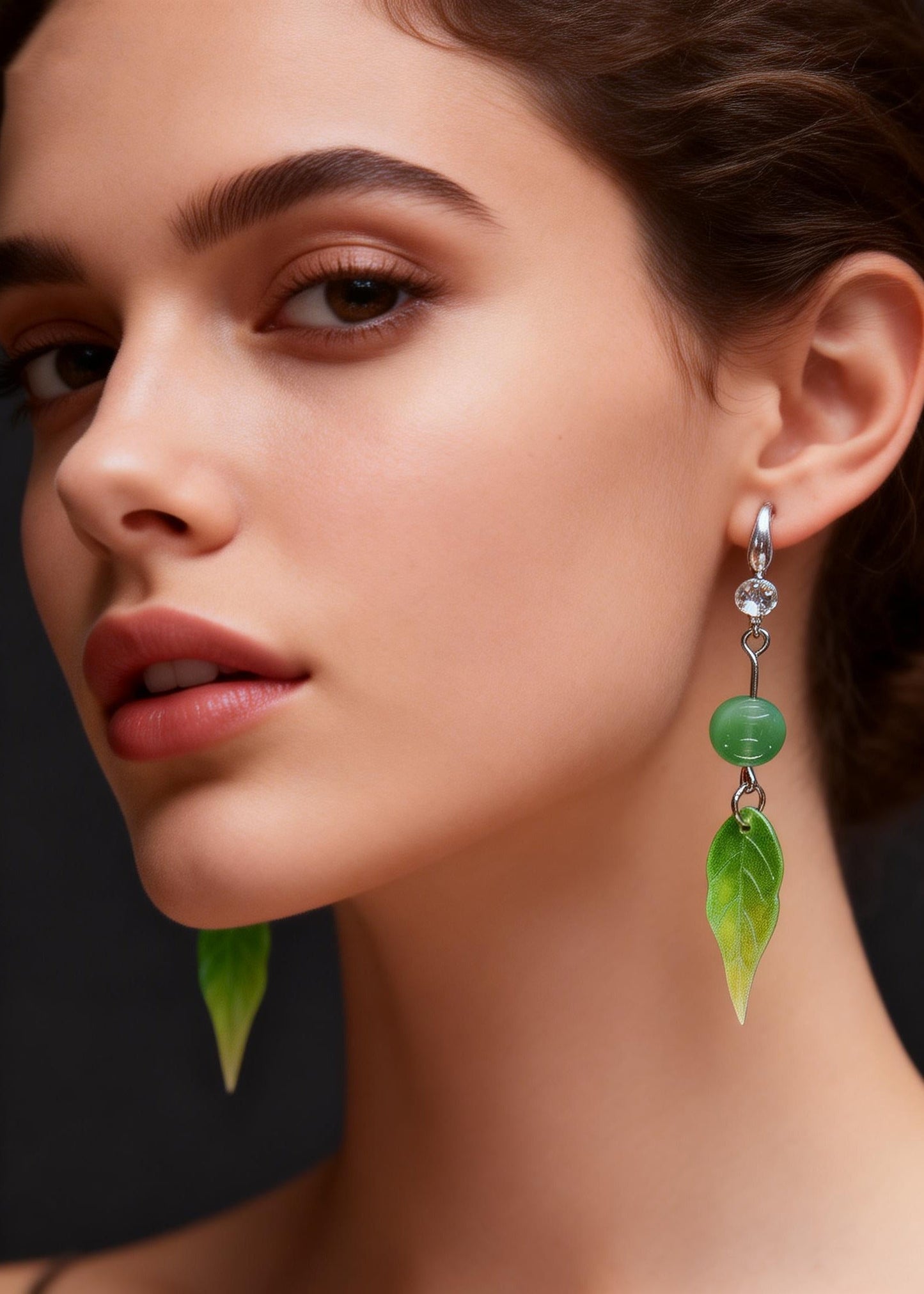 Retro Green Leaf Acrylic Fine Jade Zircon Drop Earrings
