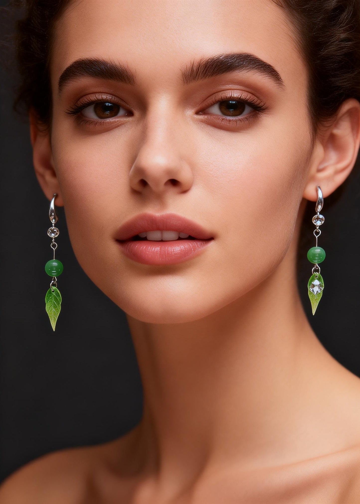 Retro Green Leaf Acrylic Fine Jade Zircon Drop Earrings