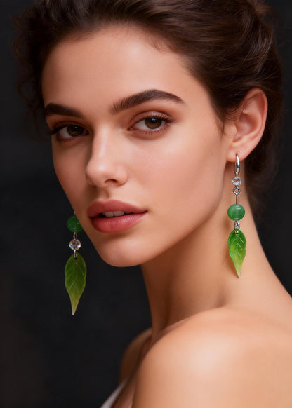 Retro Green Leaf Acrylic Fine Jade Zircon Drop Earrings