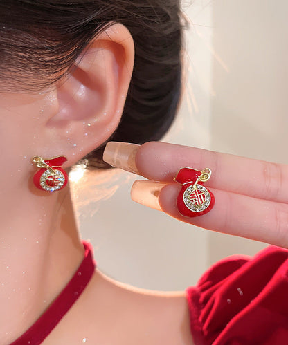 Retro Red Copper Zircon Blessing Bag Stud Earrings