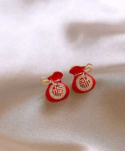 Retro Red Copper Zircon Blessing Bag Stud Earrings