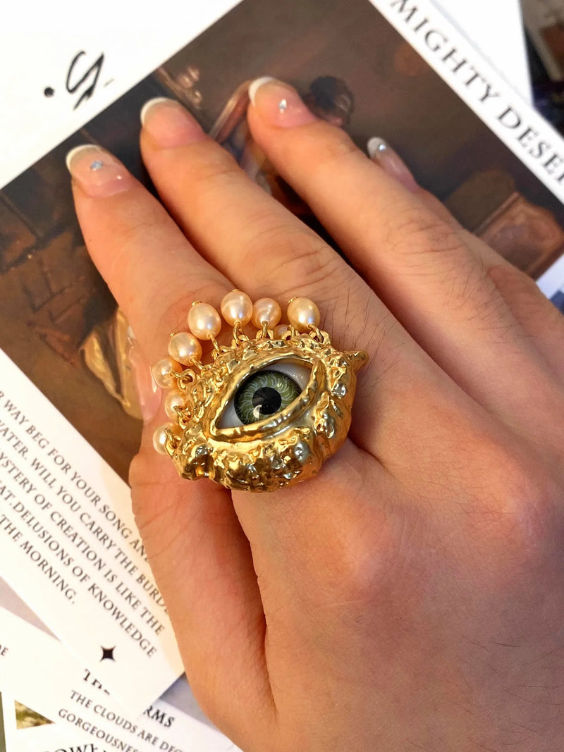 Statement Gold Eye Tassel Ring