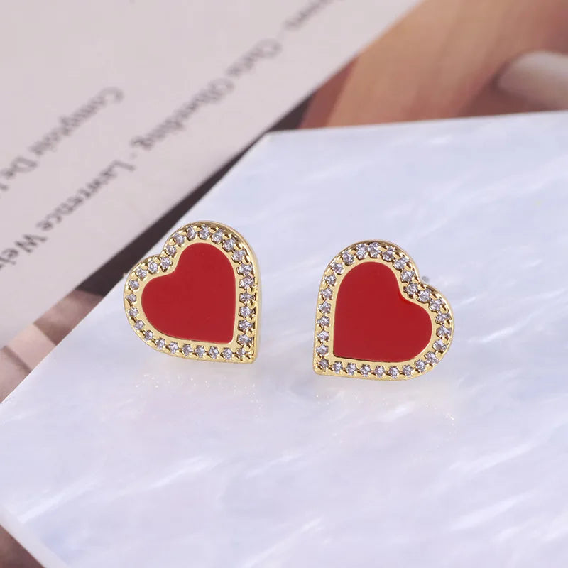 European and American Jewelry Enamel Glaze Sweet Threedimensional Love Heartshaped Earrings