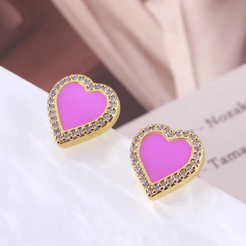 European and American Jewelry Enamel Glaze Sweet Threedimensional Love Heartshaped Earrings
