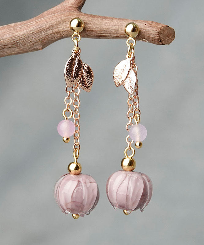 Simple Pink Coloured Glaze Leaf Metal Drop Earrings