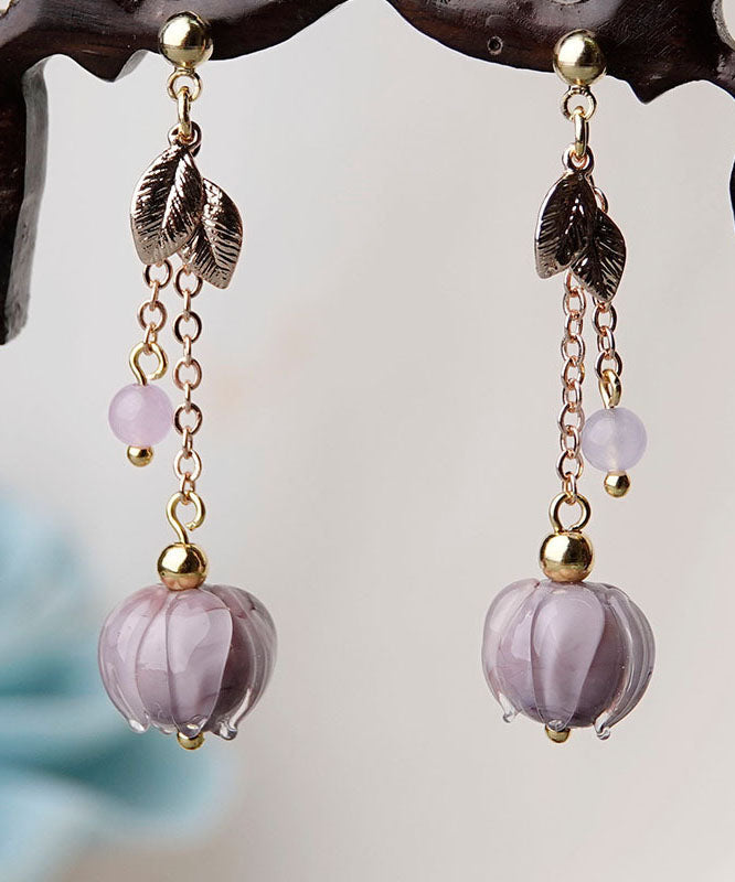Simple Pink Coloured Glaze Leaf Metal Drop Earrings