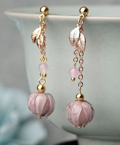 Simple Pink Coloured Glaze Leaf Metal Drop Earrings