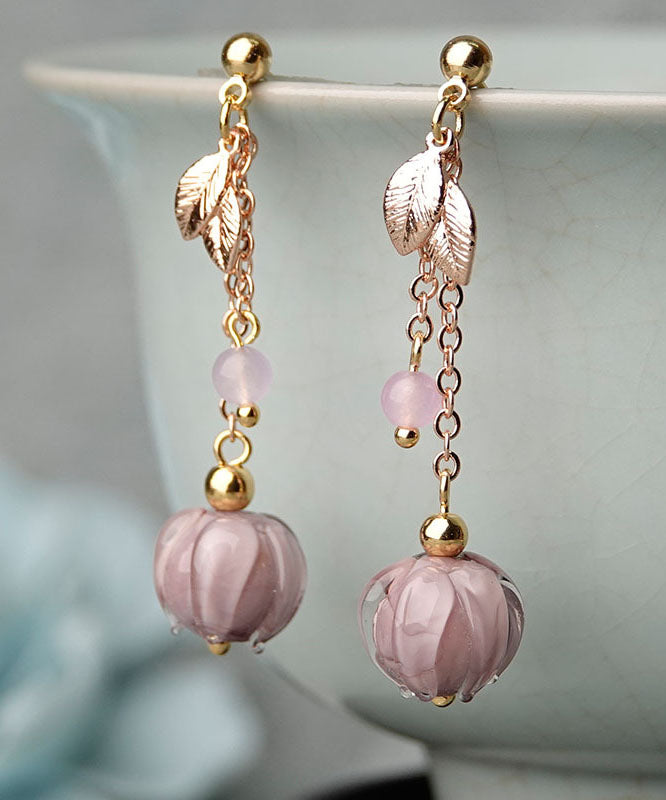 Simple Pink Coloured Glaze Leaf Metal Drop Earrings