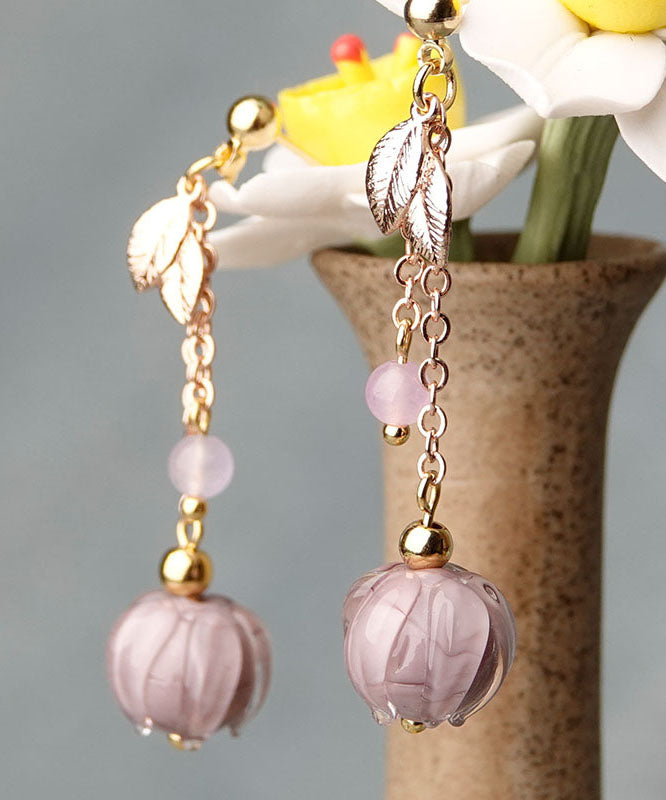 Simple Pink Coloured Glaze Leaf Metal Drop Earrings